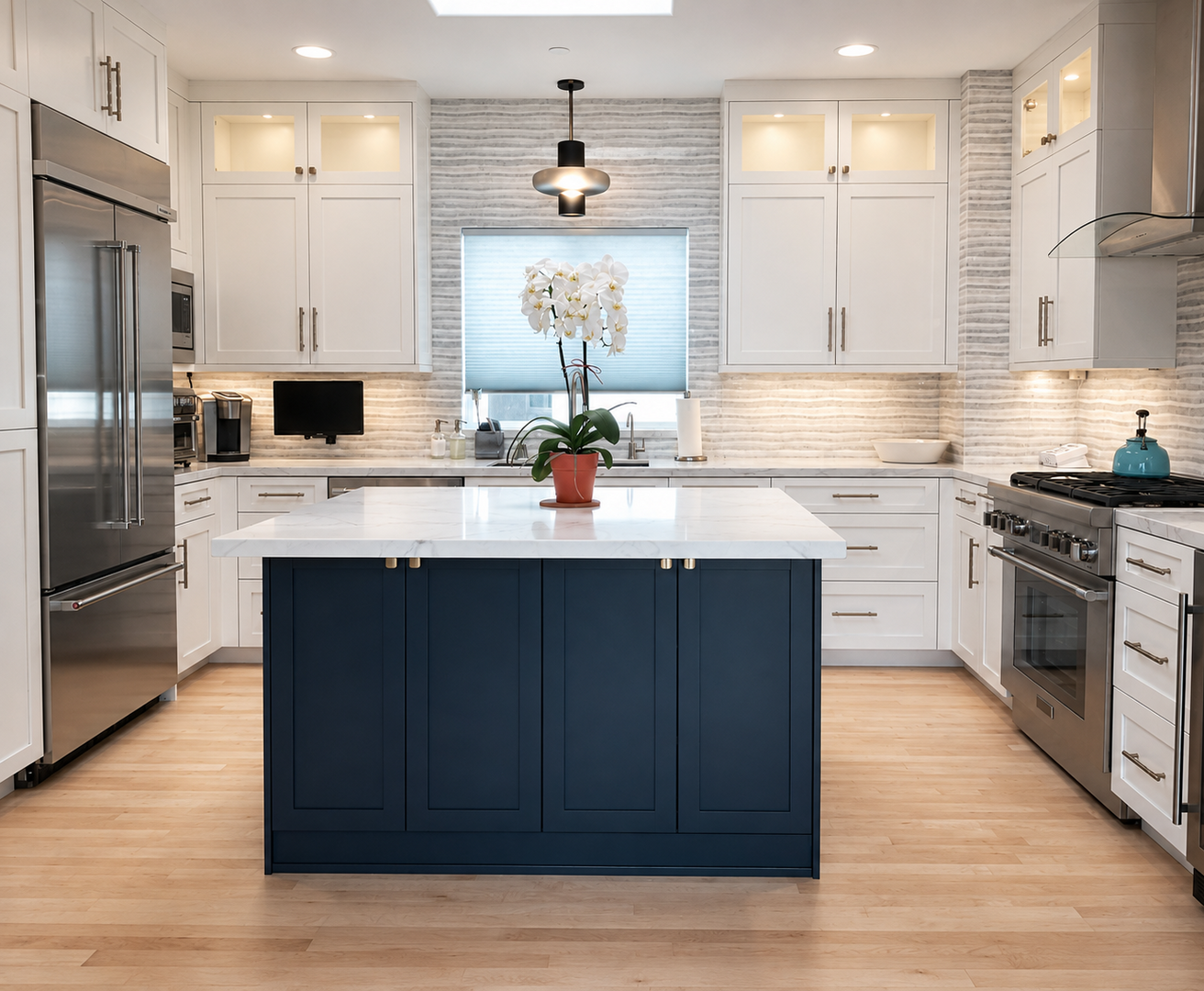 Modern kitchen white cabinets navy island